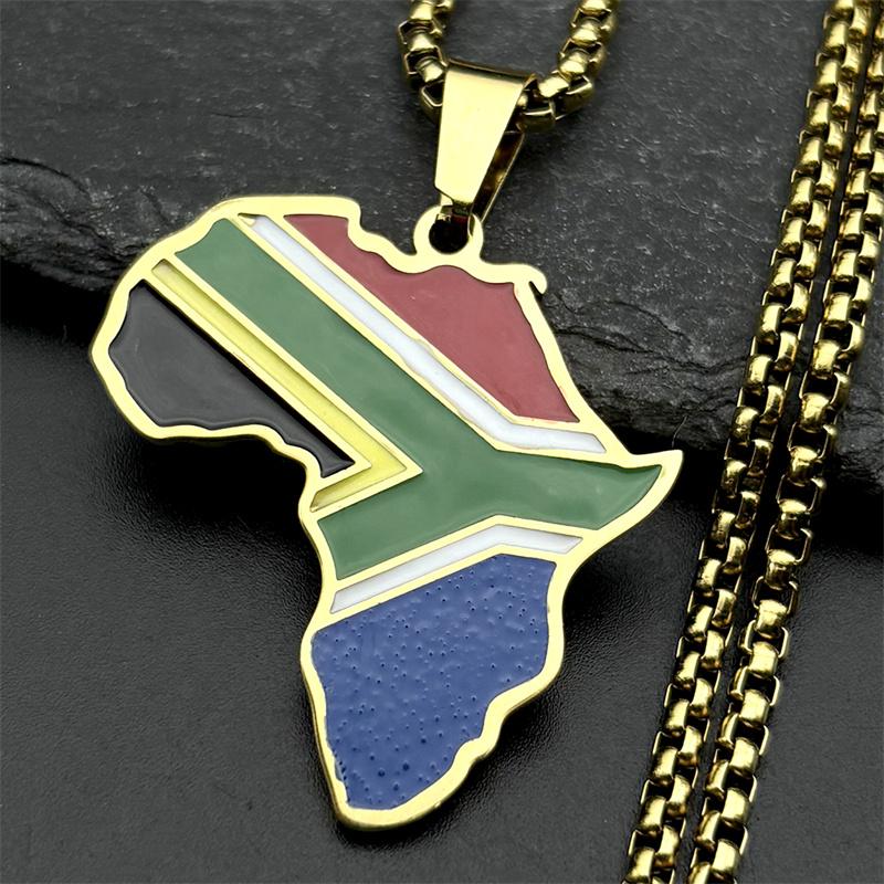 African South Africa Map Flag Pendant Necklace for Women Men Stainless Steel Colorful Enamel Gold Color Ethnic Chain Jewelry
