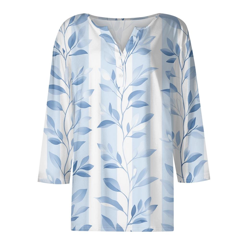 Damen T-Shirt mit Aufdruck, Knopfleiste, 3/4-Ärmel, modisch für den Alltag und das Wochenende, Basic, V-Ausschnitt, normales Oberteil