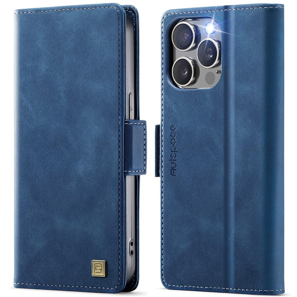 For iPhone 14 Pro Case AUTSPACE A11 RFID Blocking Retro Leather Cell Phone Wallet Cover
