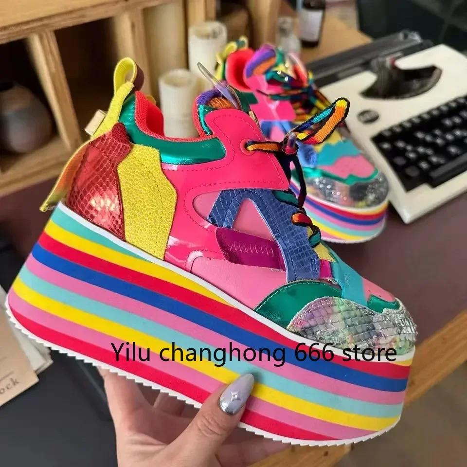 Spring Autumn New Women Colourful Sneakers High Platform Shoes Heels Chunky Casual Dad Shoe Genuine Leather Thick Bottom Fashion