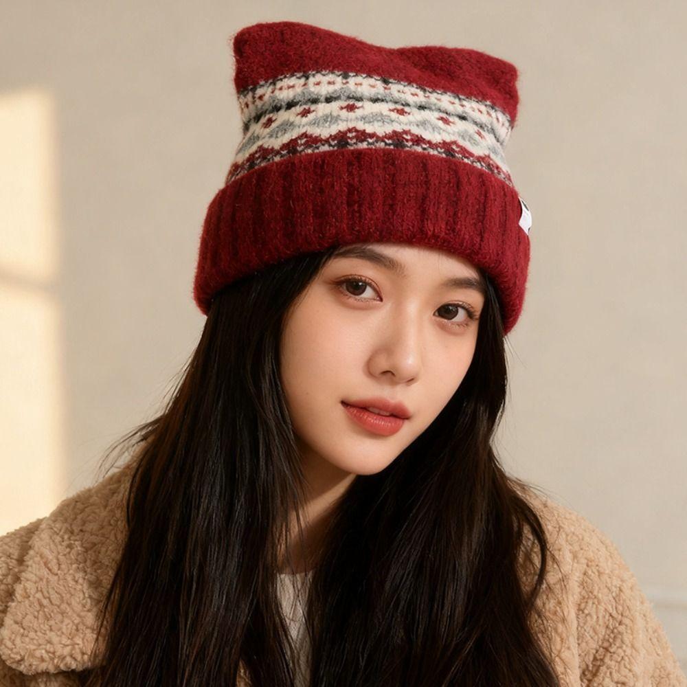 Fleece-lined Cat Ears Beanies Fair Isle Style Printing Knit Cap Cute Jacquard Knitted Hat  Winter