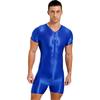 Herren Kurzarm Reißverschluss Jumpsuit Glänzend Dehnbar Rundhals Einteiler Badeanzug
