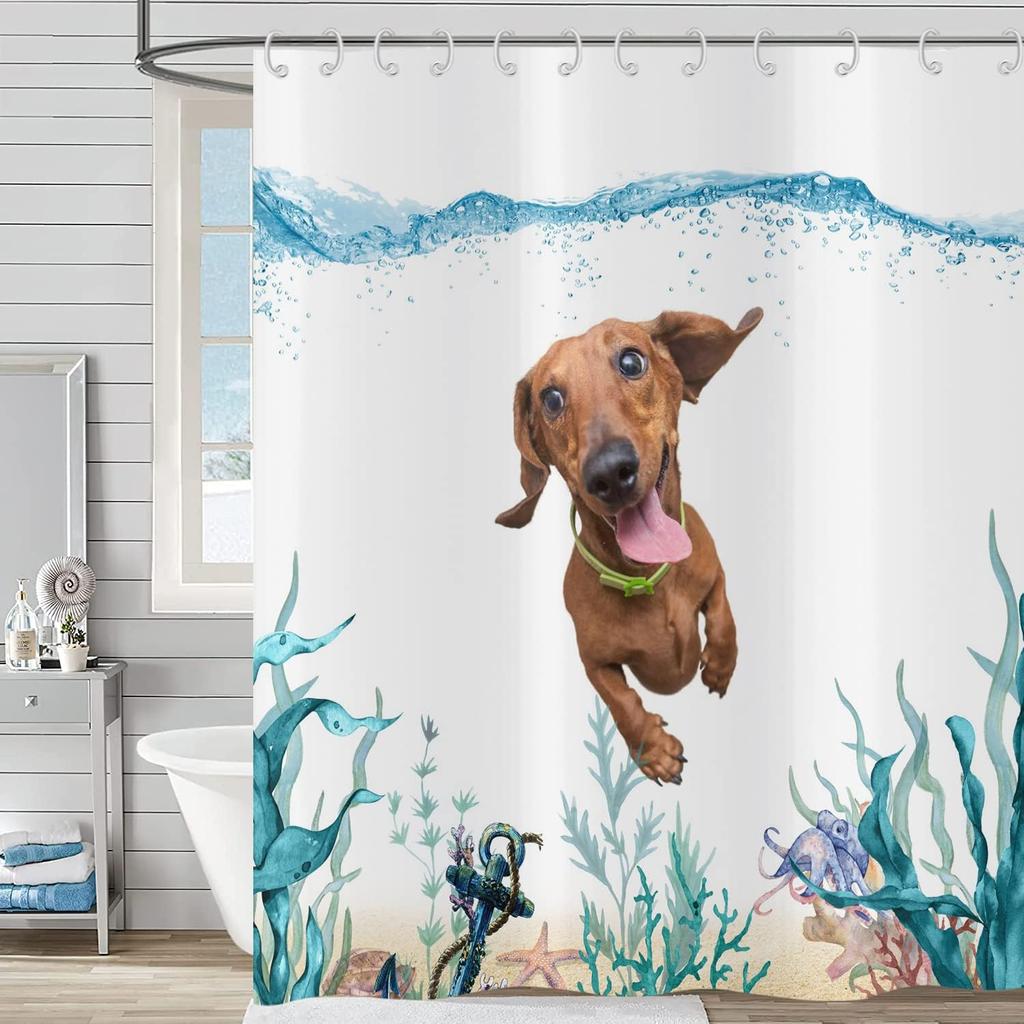 Funny Cute Puppy Animal Pattern Shower Curtain 180x 180cm, Kids Bathroom Decorative Shower Curtain Waterproof