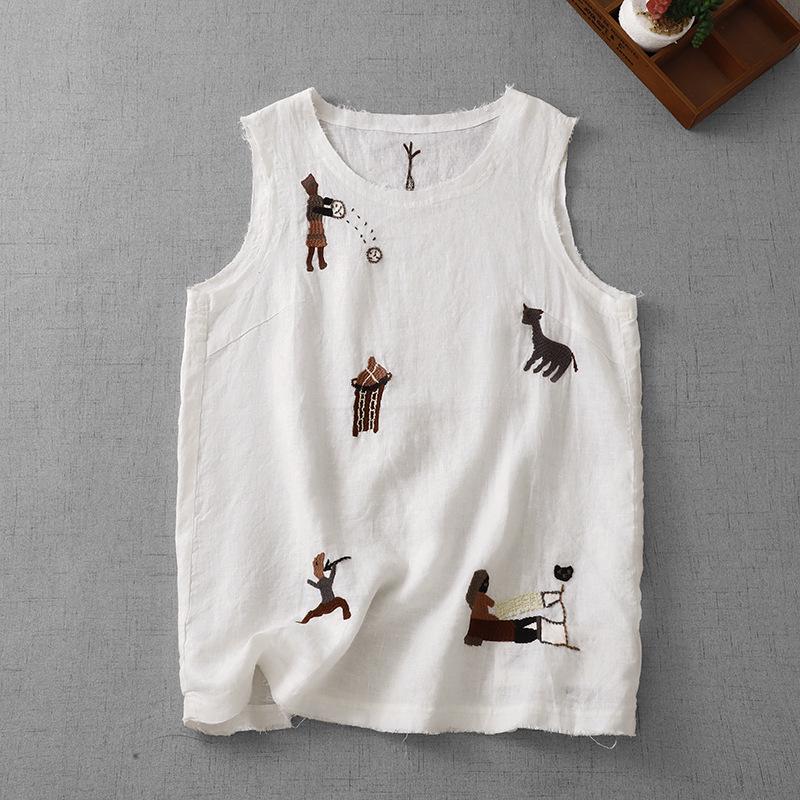 High-End Cotton Linen Sleeveless Embroidered Top - Women s Summer Mid-Length Vest L