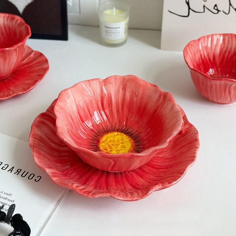 Flower Porcelain Plate Red Flowers Tableware Dining Plate Ceramic Bowl Coffee Cup Mug Household Tableware Set Table Kitchen Tool