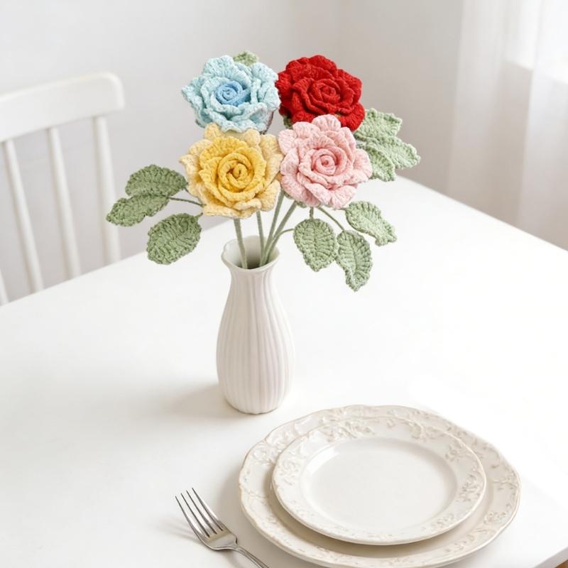 Handmade Knitted Flower Crochet Rose Flowers Artificial Flowers Home Decors Single Rose Flower Gift for Birthday Wedding