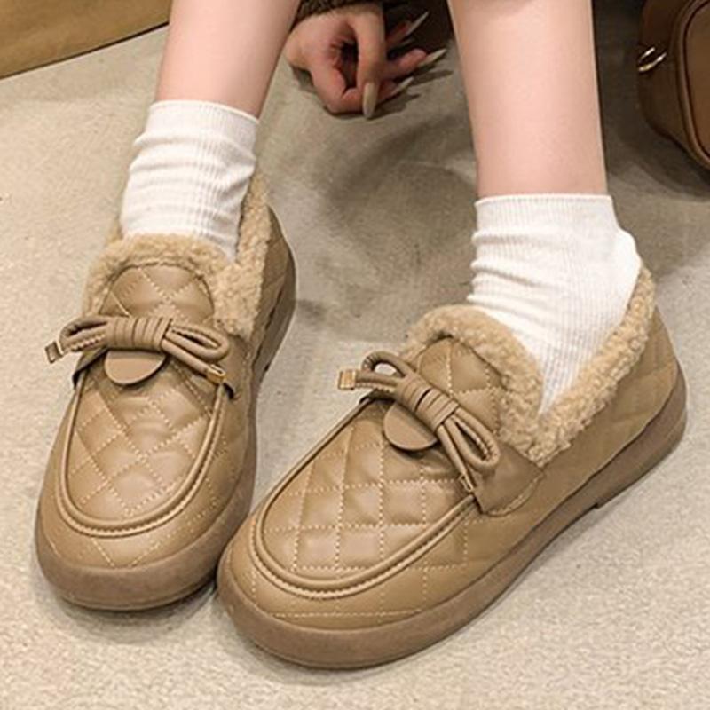 Fashion Pu Leather Snow Boots for Women 2025 Winter Korean Bowknot Detor Plush Booties for Woman Non Slip Keep Warm Snow Boots Lady