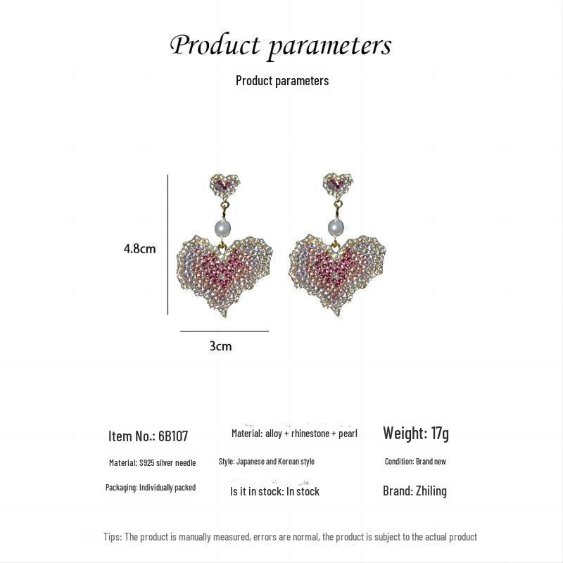 Korean Style Colorful Heart Earrings - 925 Silver Needle, Elegant Diamond Design, Trendy and Versatile.