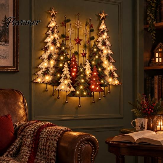Indoor Festive Decor Lighted Wooden Christmas Tree Ornament, Rustic Holiday Wall Decoration with LED Living Room Light for Home Bedroom and
