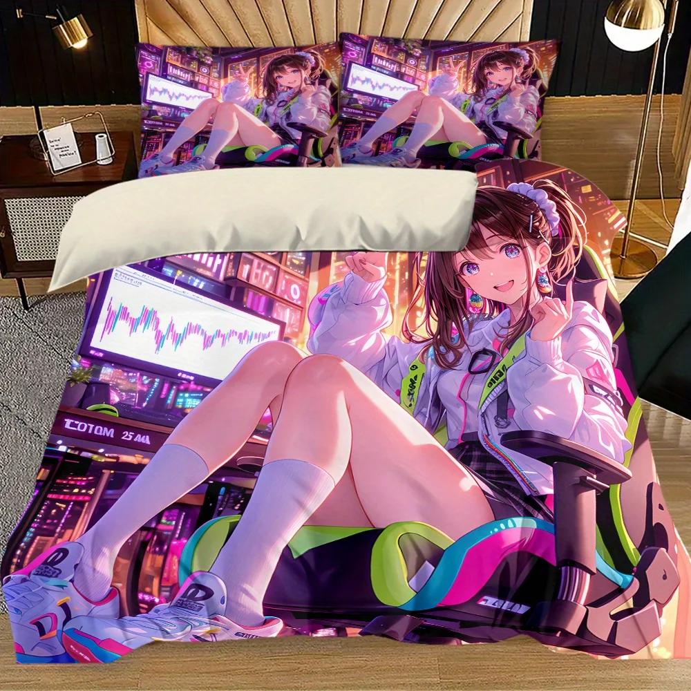 3pcs Anime Girl Printed Quilt Set- Includes 1 Quilt Cover and 2 Pillow Cover (without Filler)