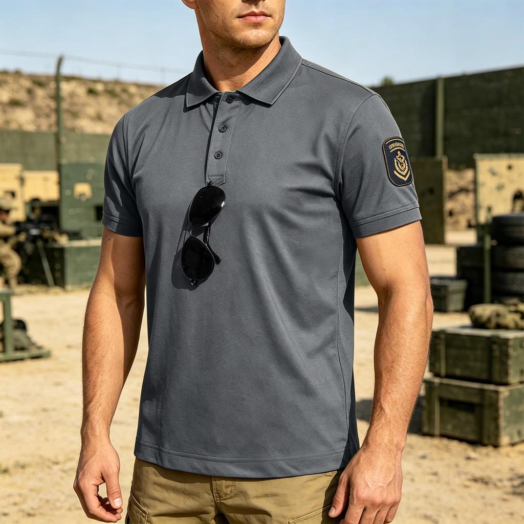 Men's Tactical Quick Dry Polo Shirt Loose Fit Breathable Outdoor Short Sleeve Shirt with Hook and Loop Collar for Casual Use