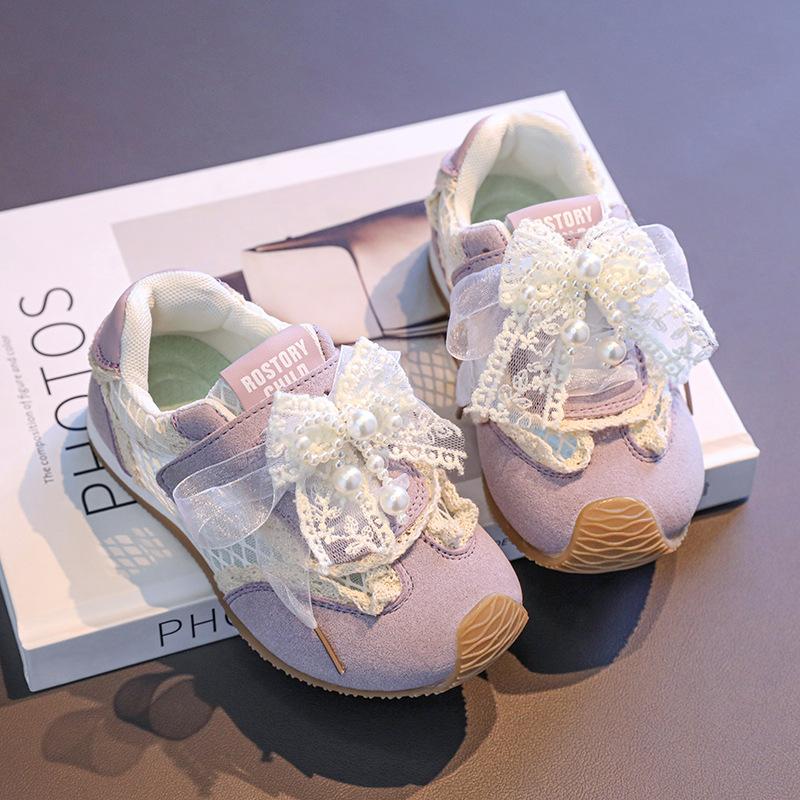 Löparskor för barn Mesh Andningsbara Flickors Fritidsskor Mesh Snörning Rosetter 2025 Nya Barnsportskor Pärlbroderi Söta Tår Förstärkta