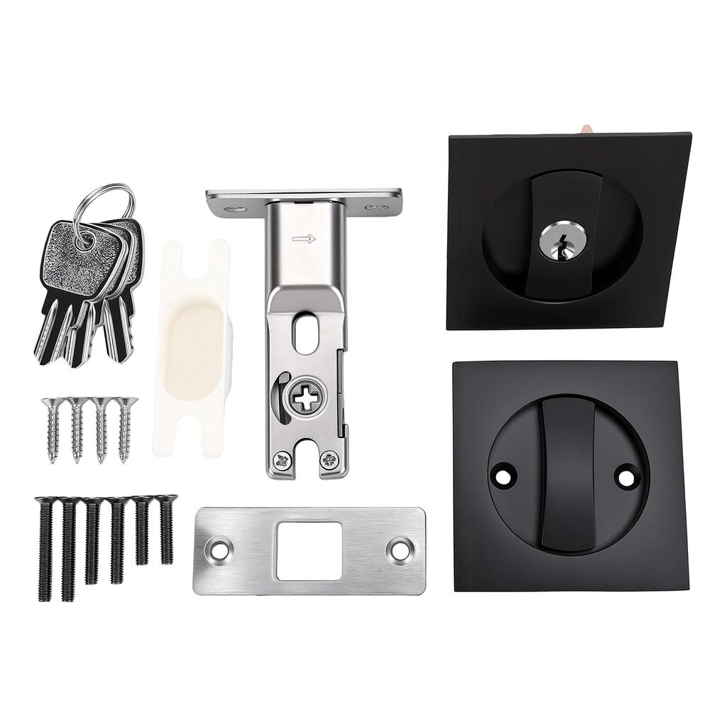 Pocket Door Lock Hardware Set with Indicator Key Privacy Latch for Standard Door 1.37 to 2.3 Inch Thick Matte Black