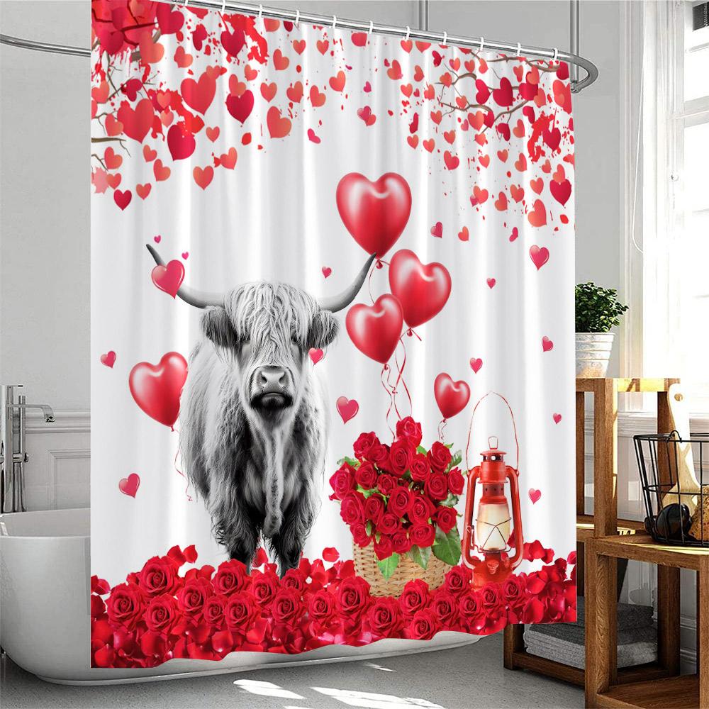 Valentine's Day Shower Curtains Cute Animals Highland Cattle Pig Flamingo Elf Heart Red Rose Bath Curtain Fabric Bathroom Decor