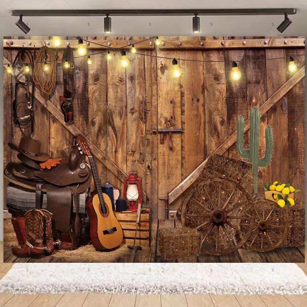 Western Cowboy Photography Backdrop Rustic Farm Barn Haystack Wood House Horse Wheel Background Party Decor Photo Shoot Props