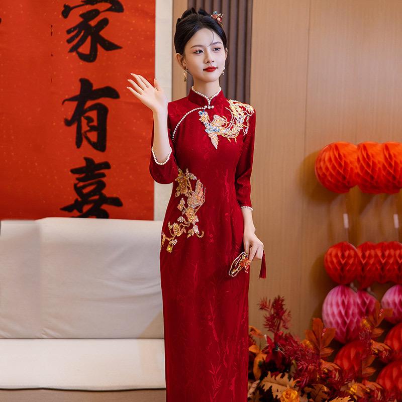 Phoenix Embroidery Red National Style New Chinese Long Sleeve Improved Cheongsam Women's Premium Bridal Toast Engagement Dress