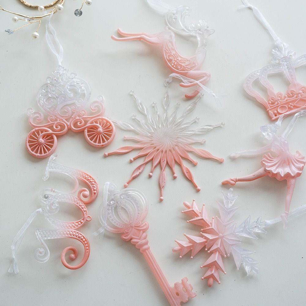 2pcs Pink Transparent Christmas Snowfall Deer Pendant Cartoon Plastic Xmas Tree Hanging Ornaments Crown Girl Key Elegant