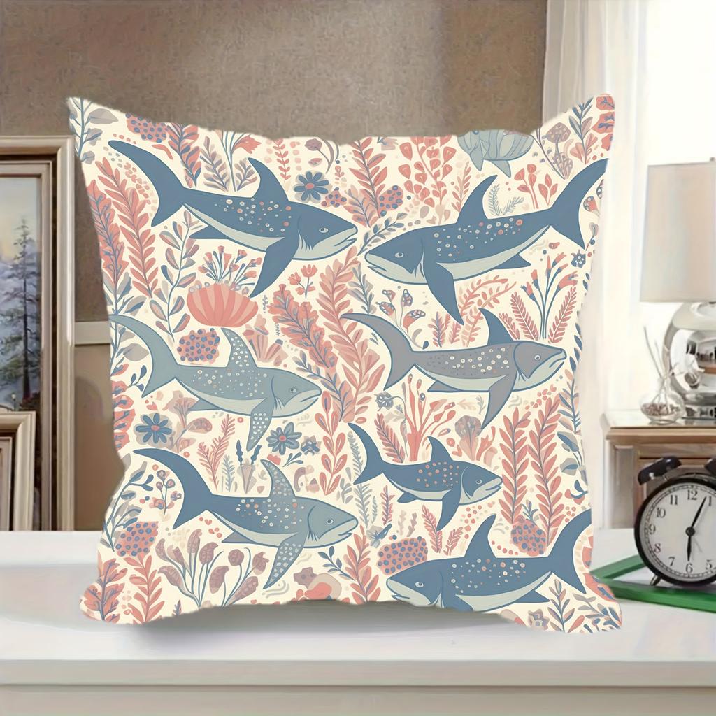 1pc Humorous Shark and Floral Pattern Decorative Pillowcase, Soft and Comfortable Polyester Short Plush Fabric, Single-Sided Print, Pillow Insert Not