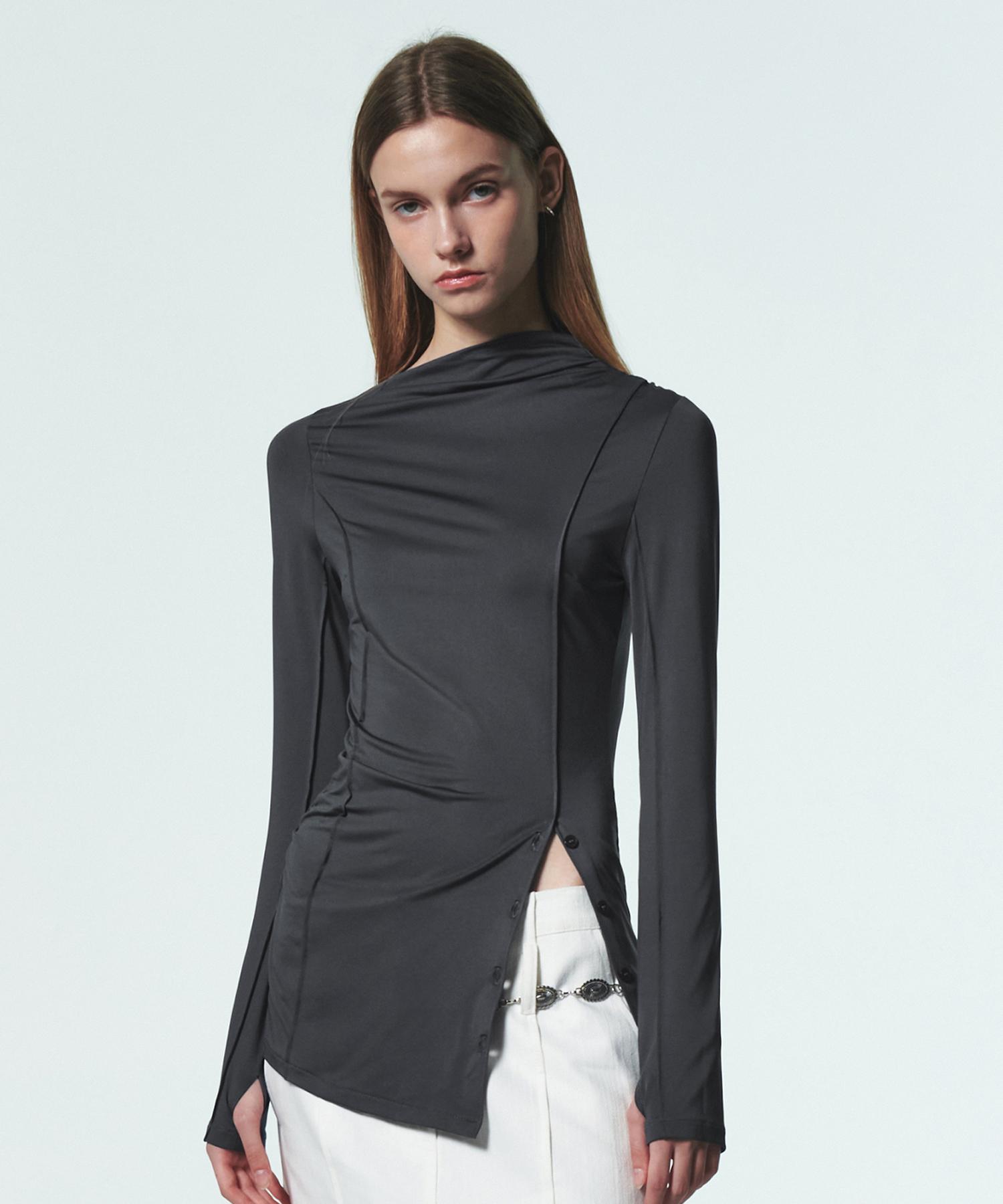 Current Asymmetric Half Neck Slit Top [Charcoal] 1