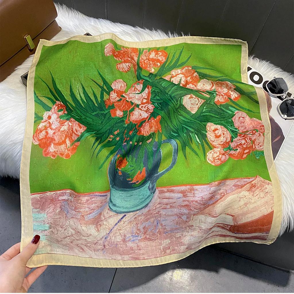 Retro Oil Painting Print Head Scarf for Women Wraps Cotton Feel Hijab Warm Spring Autumn Soft Square Foulard Bandana Neckerchief