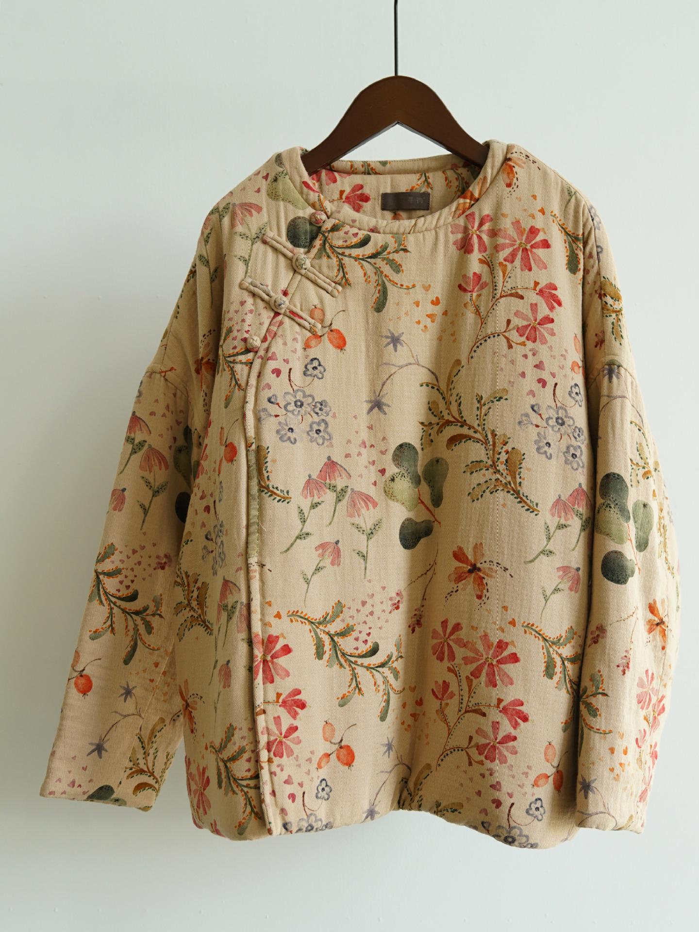 

Johnature Women Vintage Winter Print Floral O-Neck Long Sleeve Coats Chinese Style Warm Coats One Size