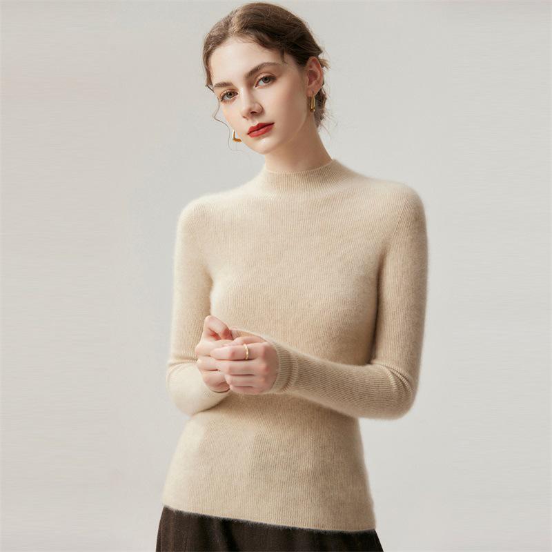 Pure Cashmere Ribbed Half-High Collar Knit Top