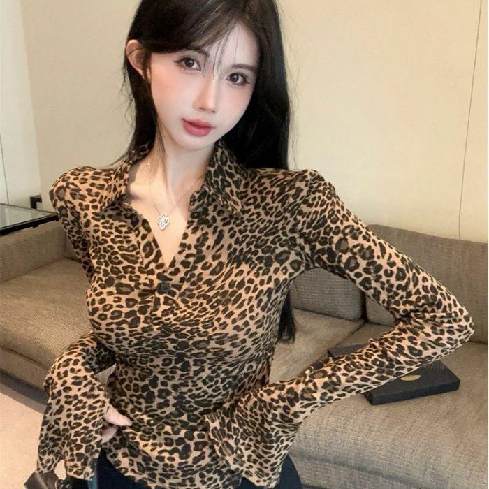 Retro Spice Girl Lazy Wind Premium Leopard Print Split Long Sleeve Top Trendy Foreign Sexy V-Neck Bottom Shirt Female Autumn
