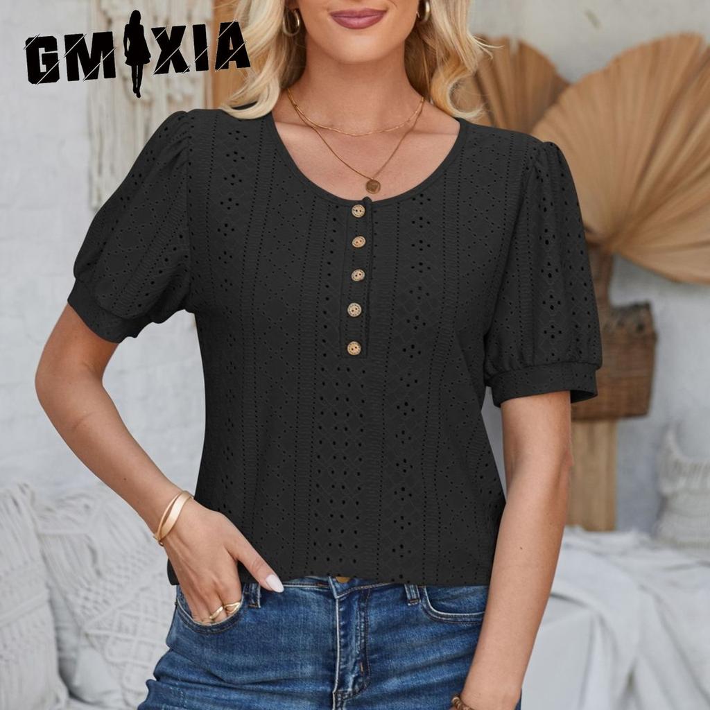 GMXIA Women's Spring Summer Buttoned Round Neck Puffy Sleeve Loose Solid Color T-shirt