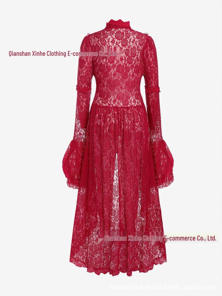 2025 Retro-Spitzenkleid mit Stehkragen, Trompetenärmeln und Schwalbenschwanzrock