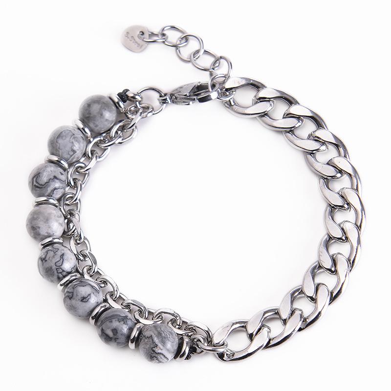 Meier Stainless Steel Men's Bracelet, Double-layer Tiger's Eye Stone Bracelet, Natural Stone Beaded Chain Bracelet