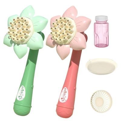 Macchina per bolle di sapone a forma di girasole con 23 buche, 2 in 1, ventilatore e soffiatore di bolle con simpatica bacchetta automatica a forma di fiore per bambini