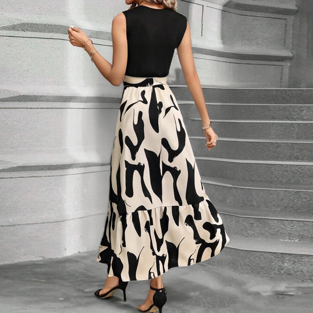 Women's Floral Print High Waist Fashionable And Elegant Sleeveless Dress