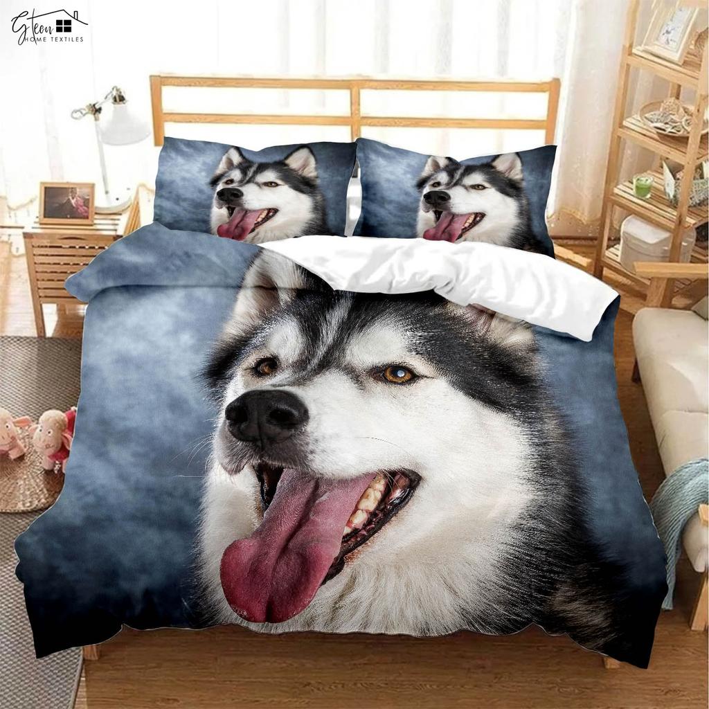 Housse de couette et taies d'oreiller 3 pièces à imprimé 3D d'animal chien mignon, 100% polyester doux et confortable, housse de couette en duvet