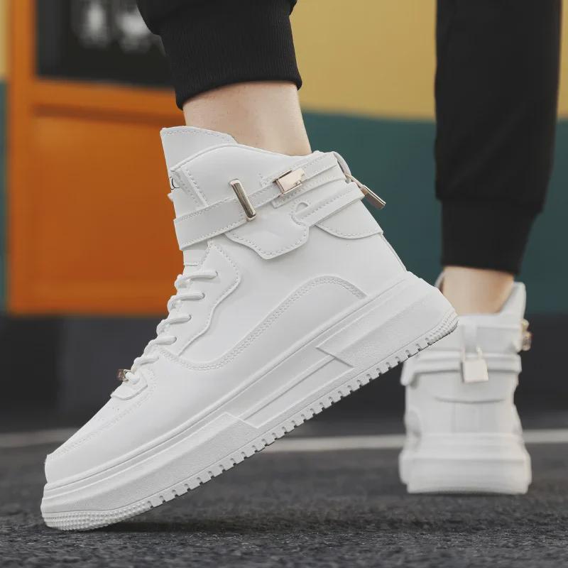 Men's 2024 Autumn/Winter High-Top Casual White Sneakers - Retro Korean Style, All-Match, Thick Sole