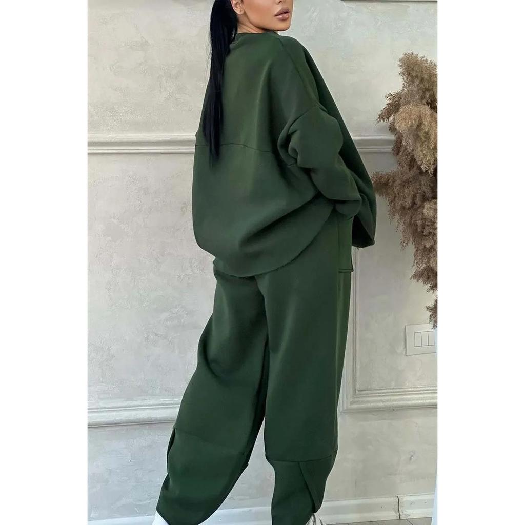 New European American Style Women's Casual Loose Crewneck Long Sleeve Sweatshirt & Pants Two Piece Set For Autumn Winter