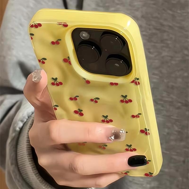 Schattige Kersen Vouwen Textuur Telefoonhoesje Voor iPhone 16 15 12 11 Pro Max 13 14 Pro Plus Schokbestendig Antislip Zachte Cover Shell Fundas