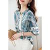 Women S Chiffon Printed V Neck Lace Trim Half Sleeve Blouse