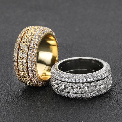 New Cuban Link Chain Design Ring Fully Micro Zircon Paved R0tatable Cuban Ring,Hiphop Iced Out Men's Swivel Cuban Ring.
