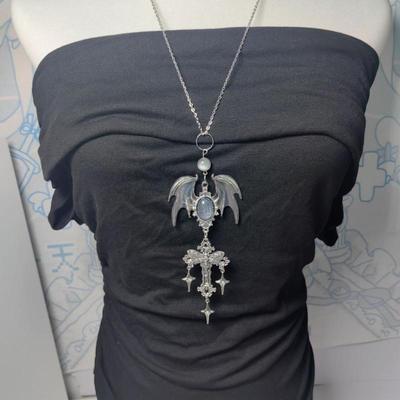 Retro Jewelry Witch Wings Cross Pendant Necklaces For Women Crystal Beads Necklace Long Sweater Chain Gothic Accessories