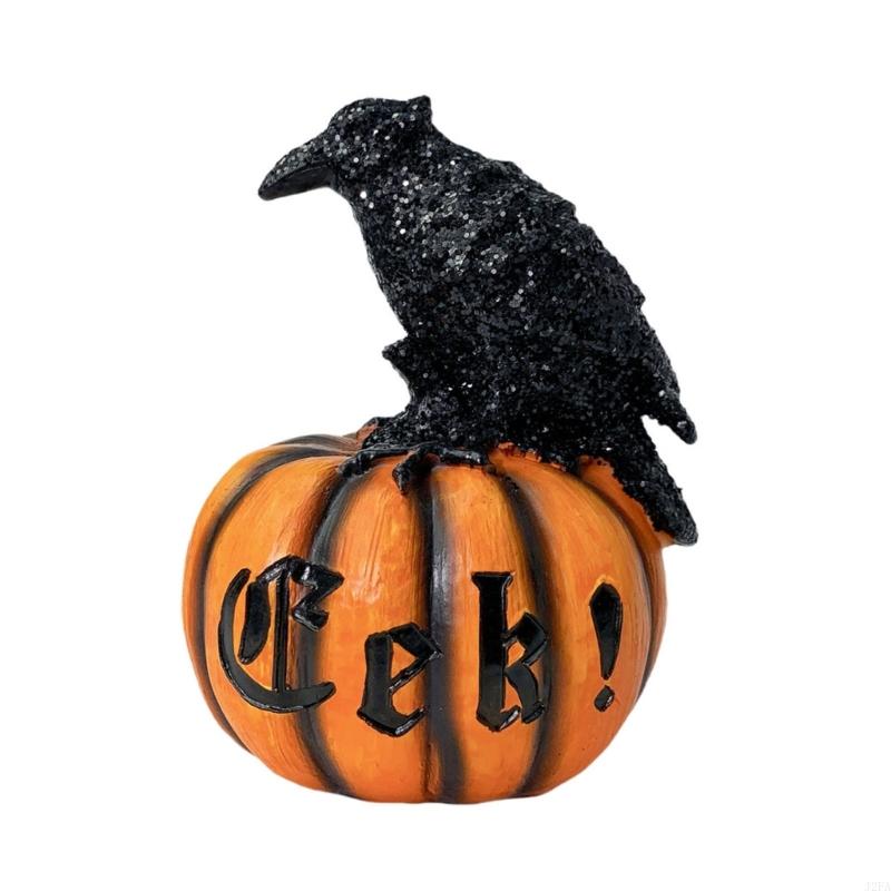 Whimsical Black Crow Pumpkin Statue Long Lasting Resin Art For Porch Or Garden Decor