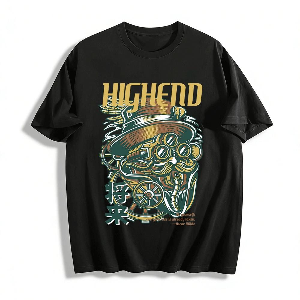 Steampunk Style Mechanical Gentleman Print Trendy Casual Top Pure cotton T-shirt XXS