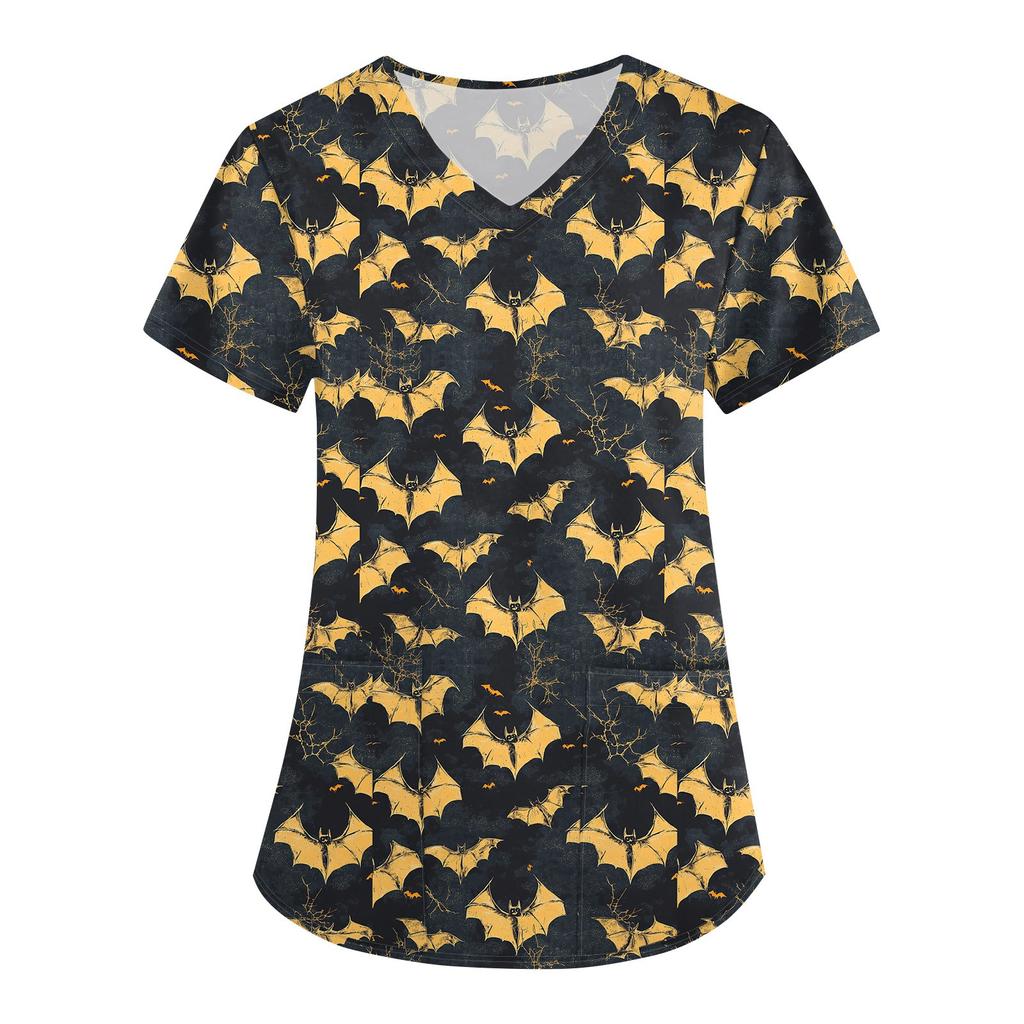 Women's Halloween Printed Loose V-Neck Pocket Short SleevUniform Uniform
