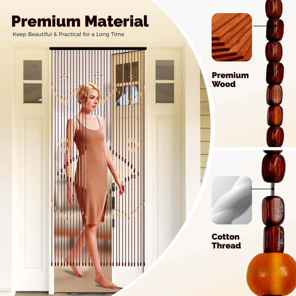 Bohemian Wood Bead Door Curtain Natural Wood Cotton Room Divider Window Wall Decor for Ethnic Vintage Tibetan Home Style