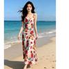 French holiday wind beach skirt waist printing oil painting suspender slim dress summer new A-shaped long skirt