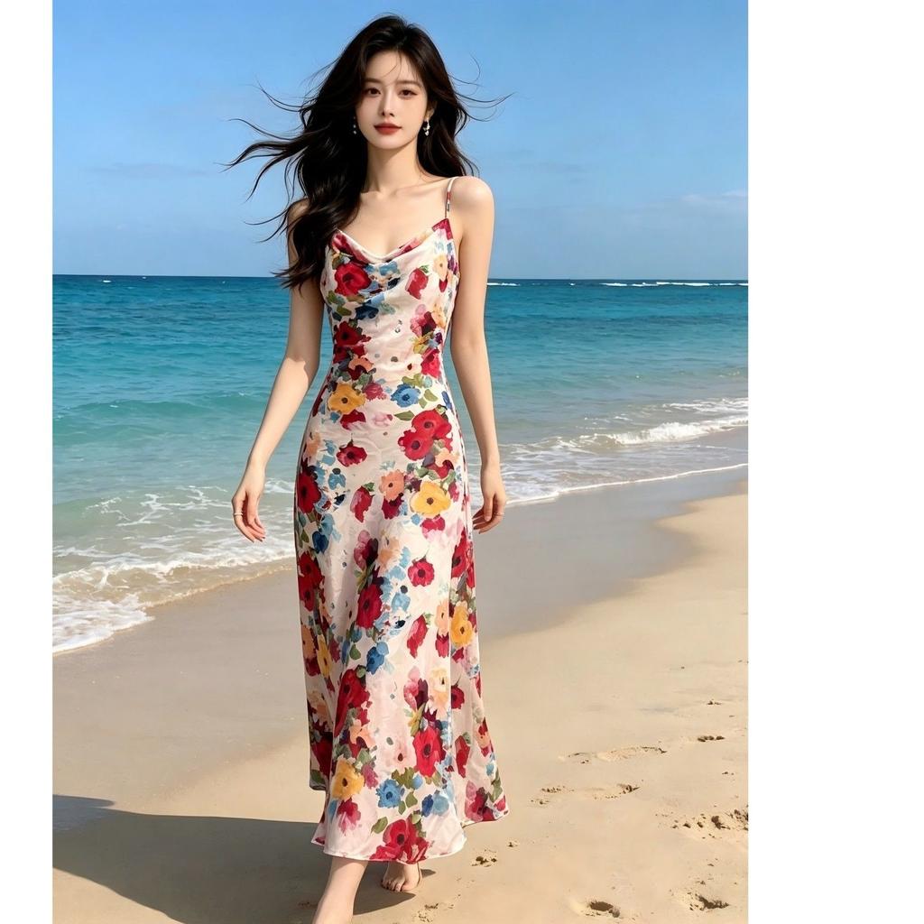French holiday wind beach skirt waist printing oil painting suspender slim dress summer new A-shaped long skirt
