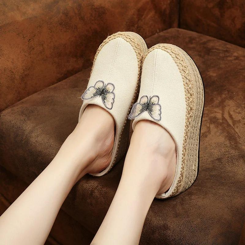 Fashion 2025 New Retro Handmade Women Canvas 5cm Platform Mules Slippers Butterfly Black Beige Leopard Comfortable Casual Slip On Shoes