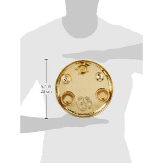 Brass Puja Thali with Accessories - Jyot, Bowls and Sindoor Box | Golden