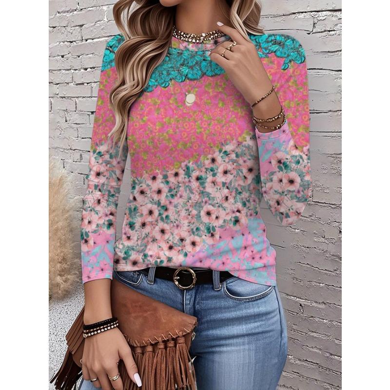 2026 New Women's Fashionable Long-Sleeved T-Shirt with Fresh Floral Pattern, Perfect for Everyday Wear and Stylish Outfits