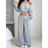 Tuta da Donna Vestibilità Larga Spalle Scoperte Manica Lunga Crop Top Vita Alta Pantaloni Larghi Tuta Due Pezzi
