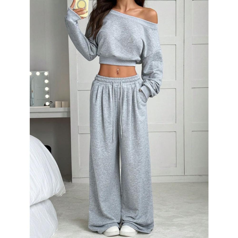 Tuta da Donna Vestibilità Larga Spalle Scoperte Manica Lunga Crop Top Vita Alta Pantaloni Larghi Tuta Due Pezzi